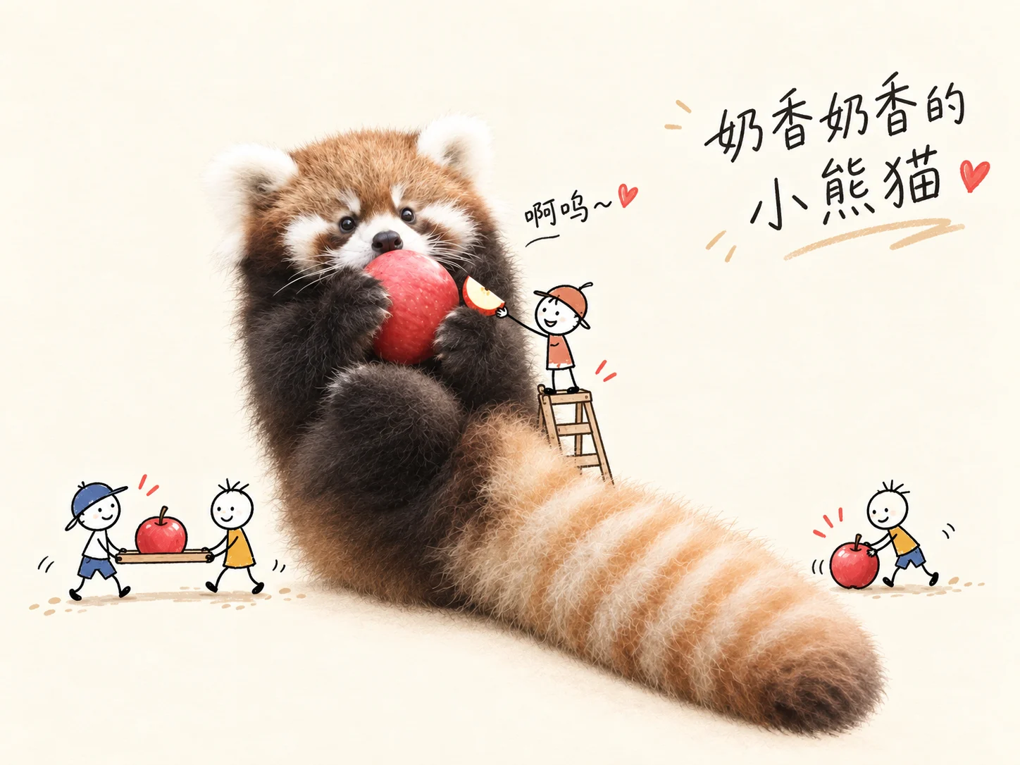 小熊猫与手绘小人互动的创作案例