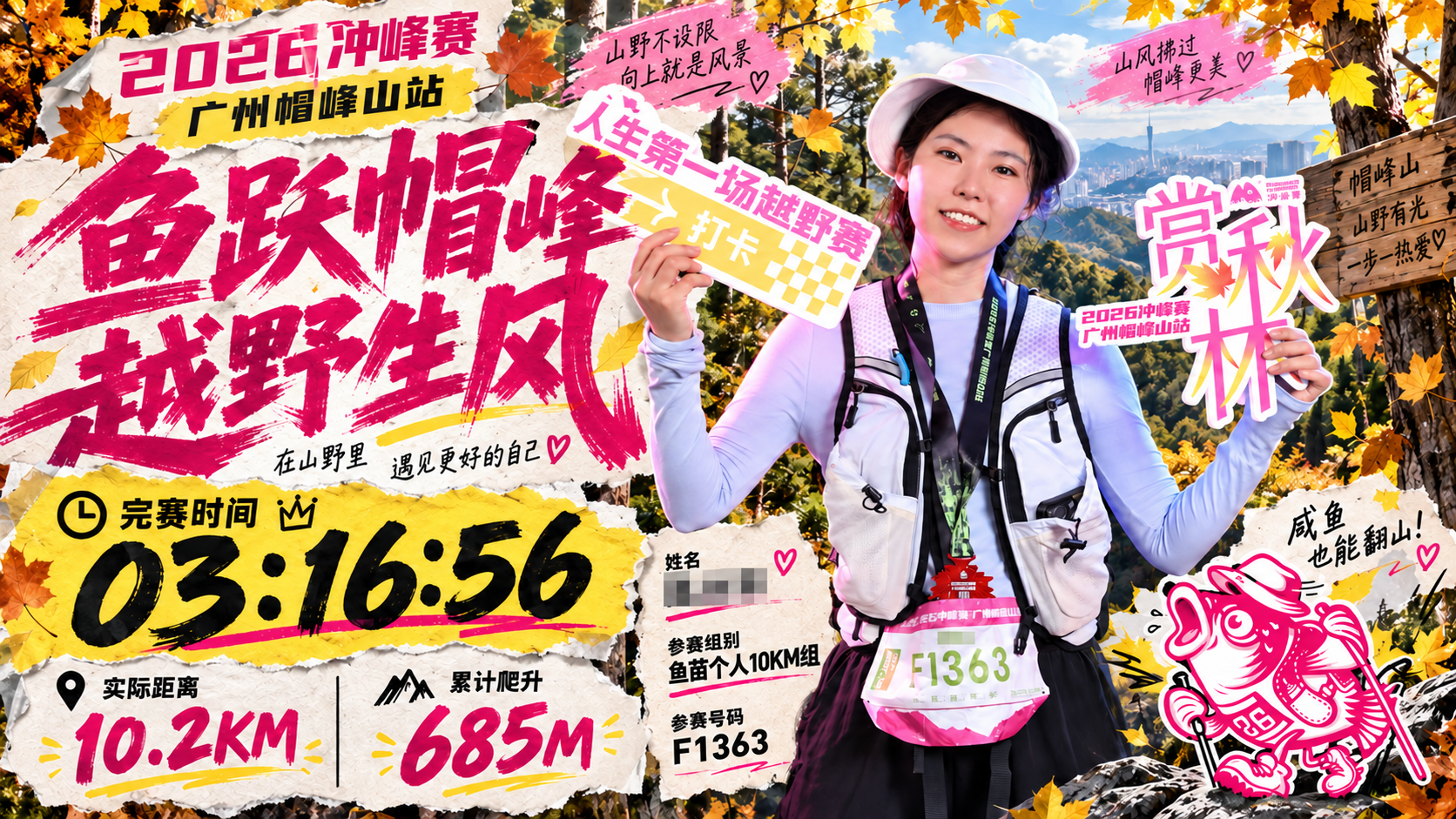 帽峰山撕纸运动海报，姓名已打码